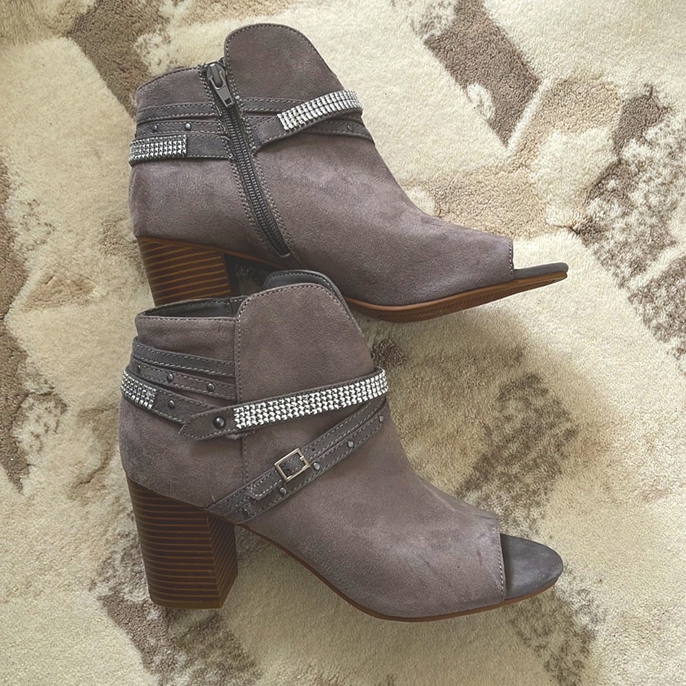 Grayish brown suede stacked booties.
